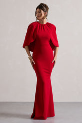 Red Draped Short-Sleeve Maxi Dress